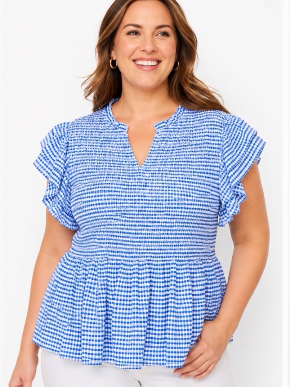 Cable & Gauge 1X Blue Gingham Smocked Flutter Sleeve Peplum Top NWT